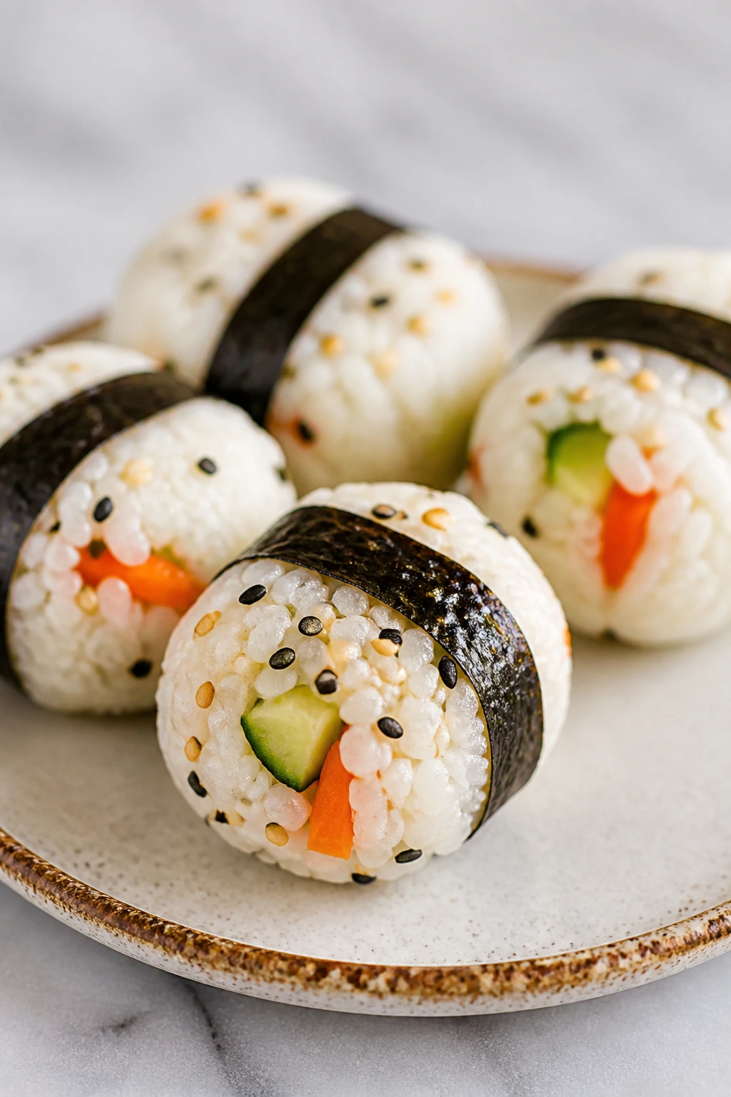 Close-up of sushi rice balls wrapped in nori with sesame seeds