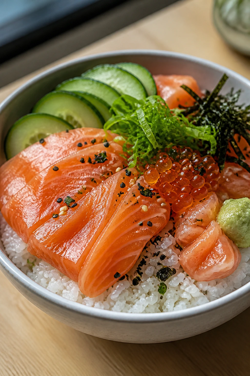 Medium-close view of Sushi Rice Bowls with Salmon
