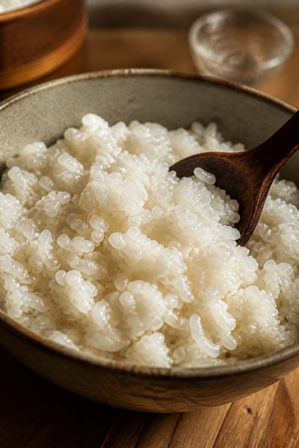 Close-up of sushi rice with seasoning folded in, in a kitchen