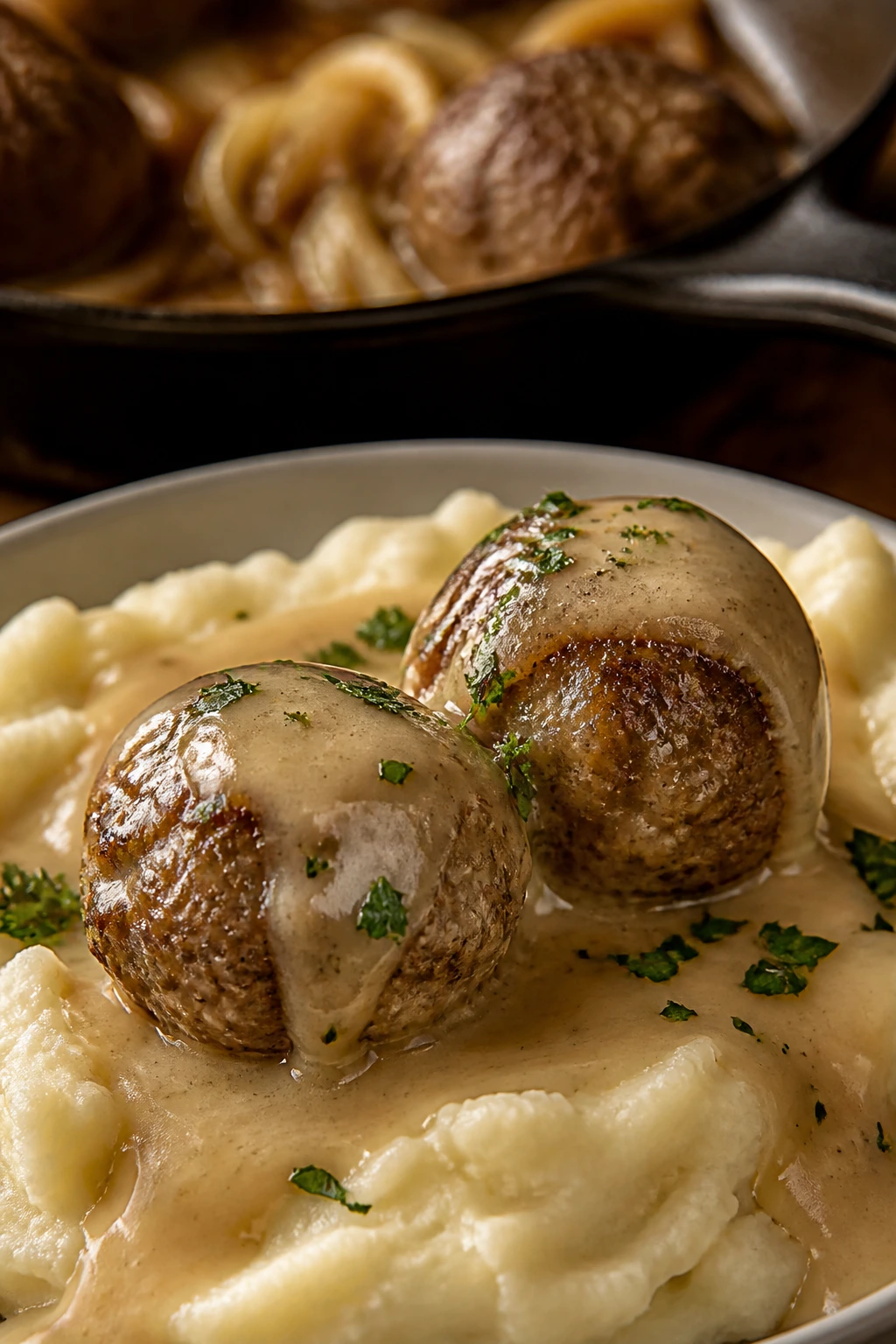 Two Swedish meatballs in cream gravy over mashed potatoes.