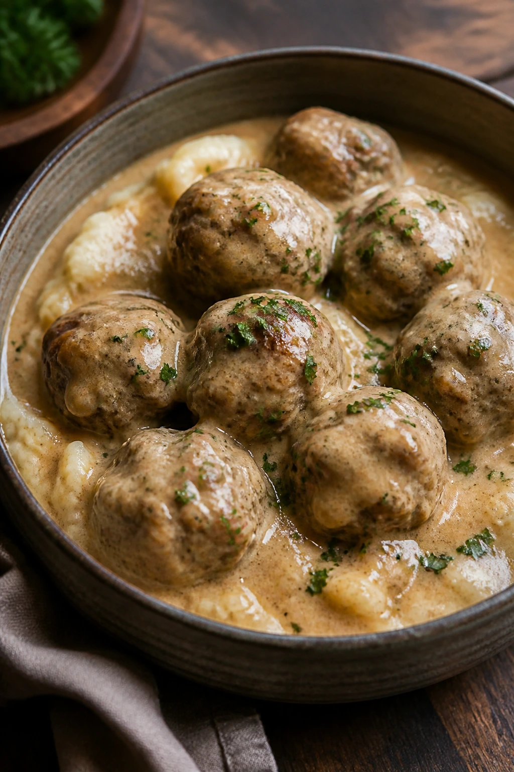 Swedish meatballs in creamy gravy on a rustic plate