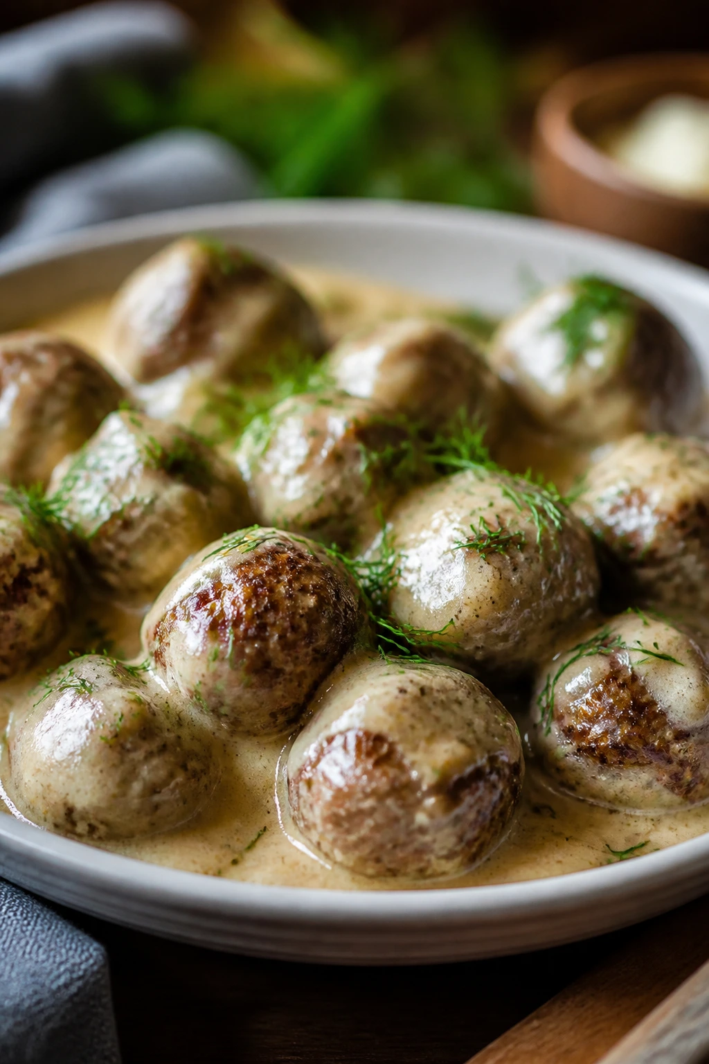 Pale Swedish meatballs in creamy sauce with dill