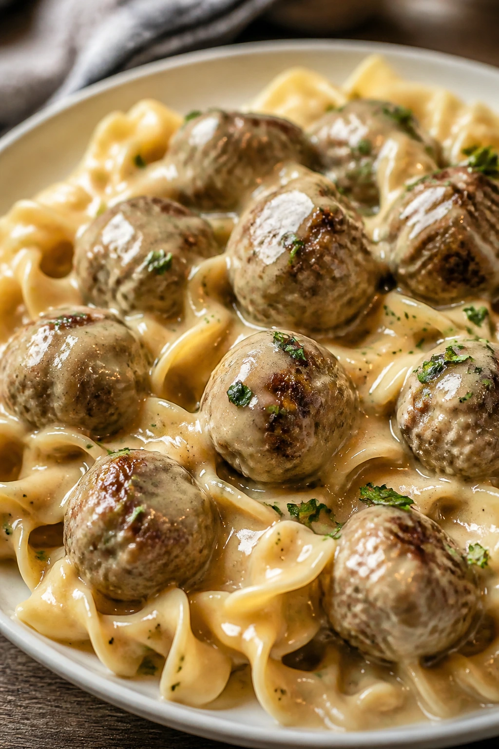 Swedish meatballs with egg noodles in cream sauce