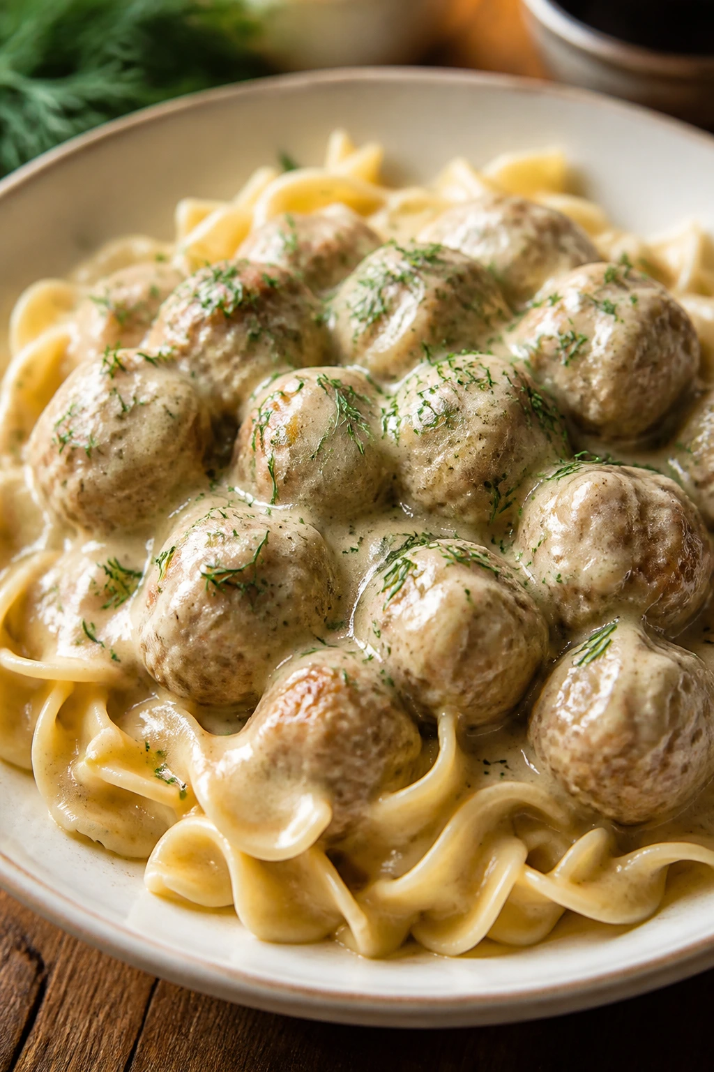 Creamy Swedish meatballs with egg noodles and dill