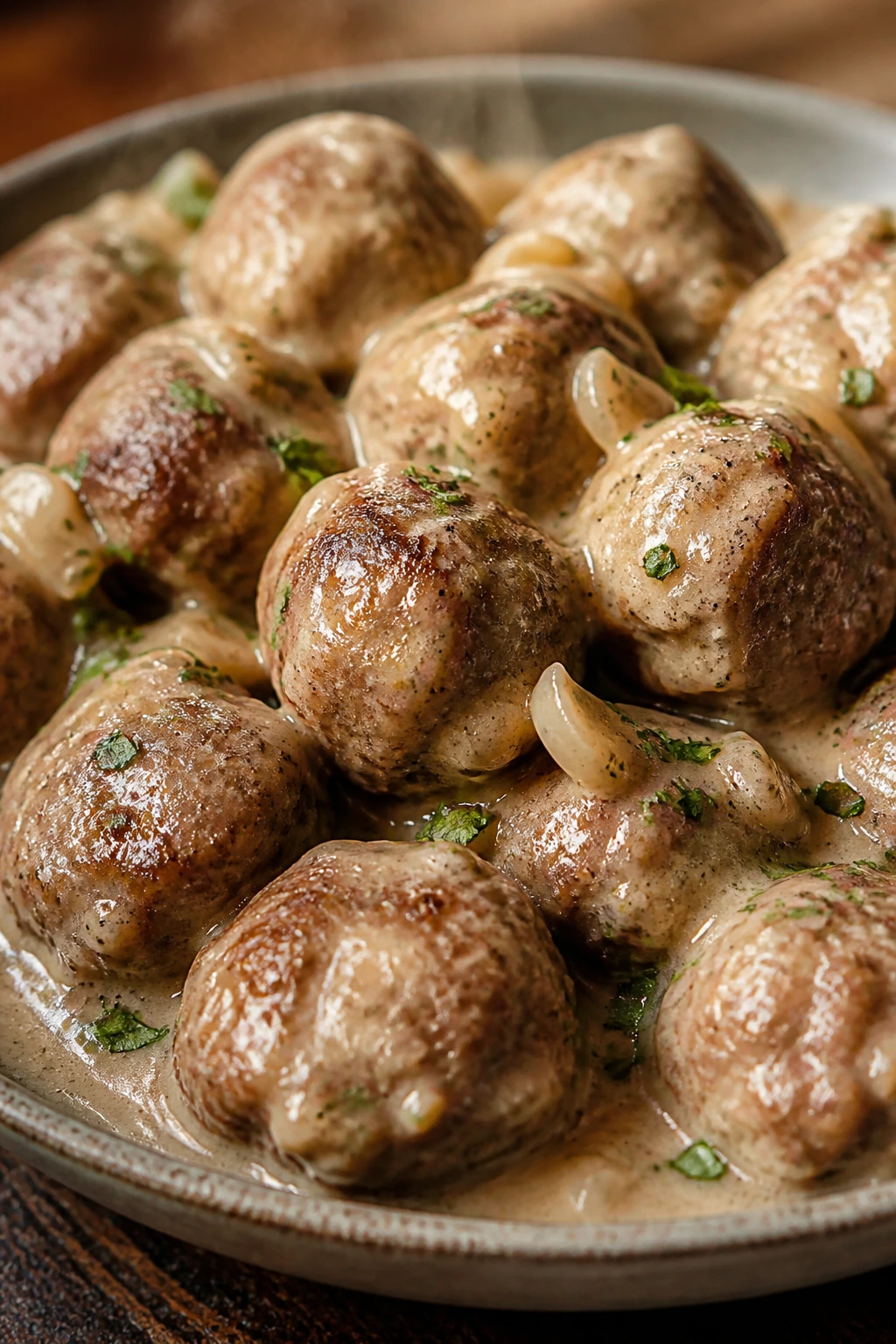Close-up of Swedish meatballs in creamy gravy on a plate