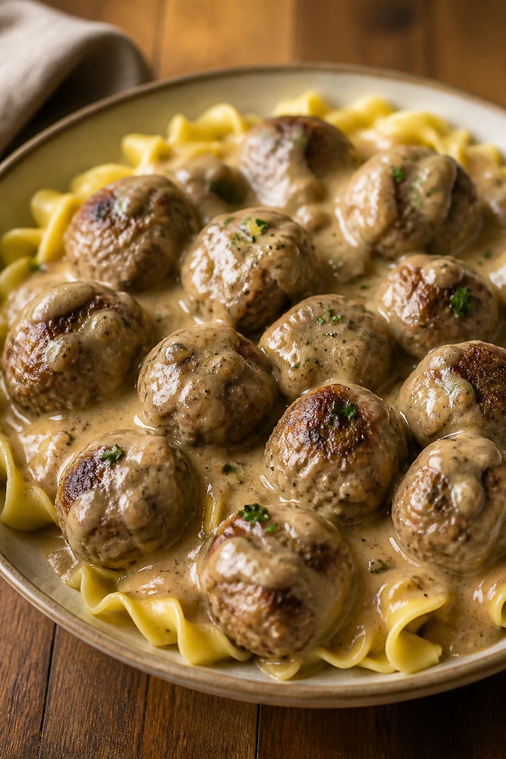Swedish meatballs with pale gravy over noodles.
