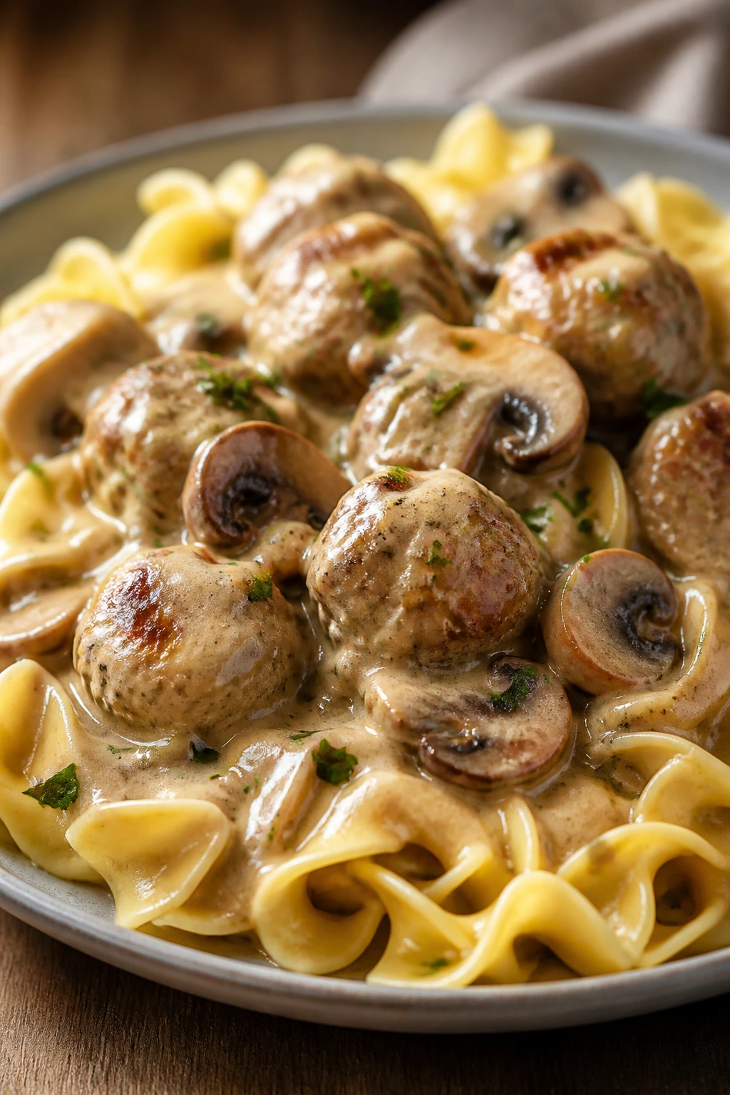 Close-up of Swedish meatballs over egg noodles in creamy gravy
