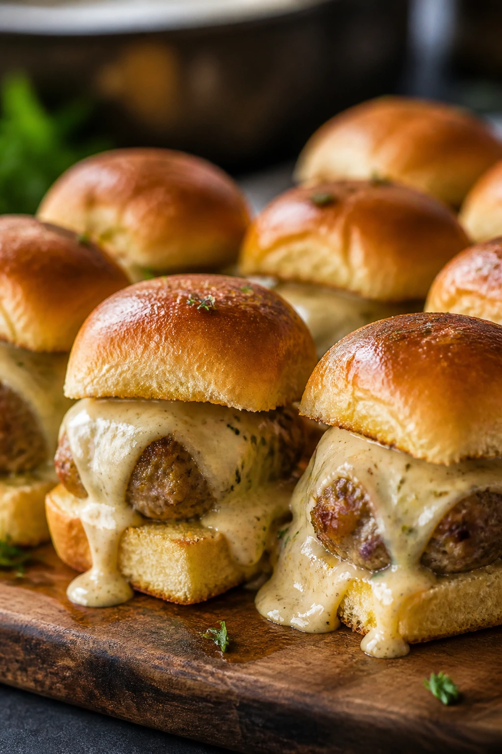 Close-up of Swedish meatball sliders with cream sauce and Swiss cheese on a wooden board