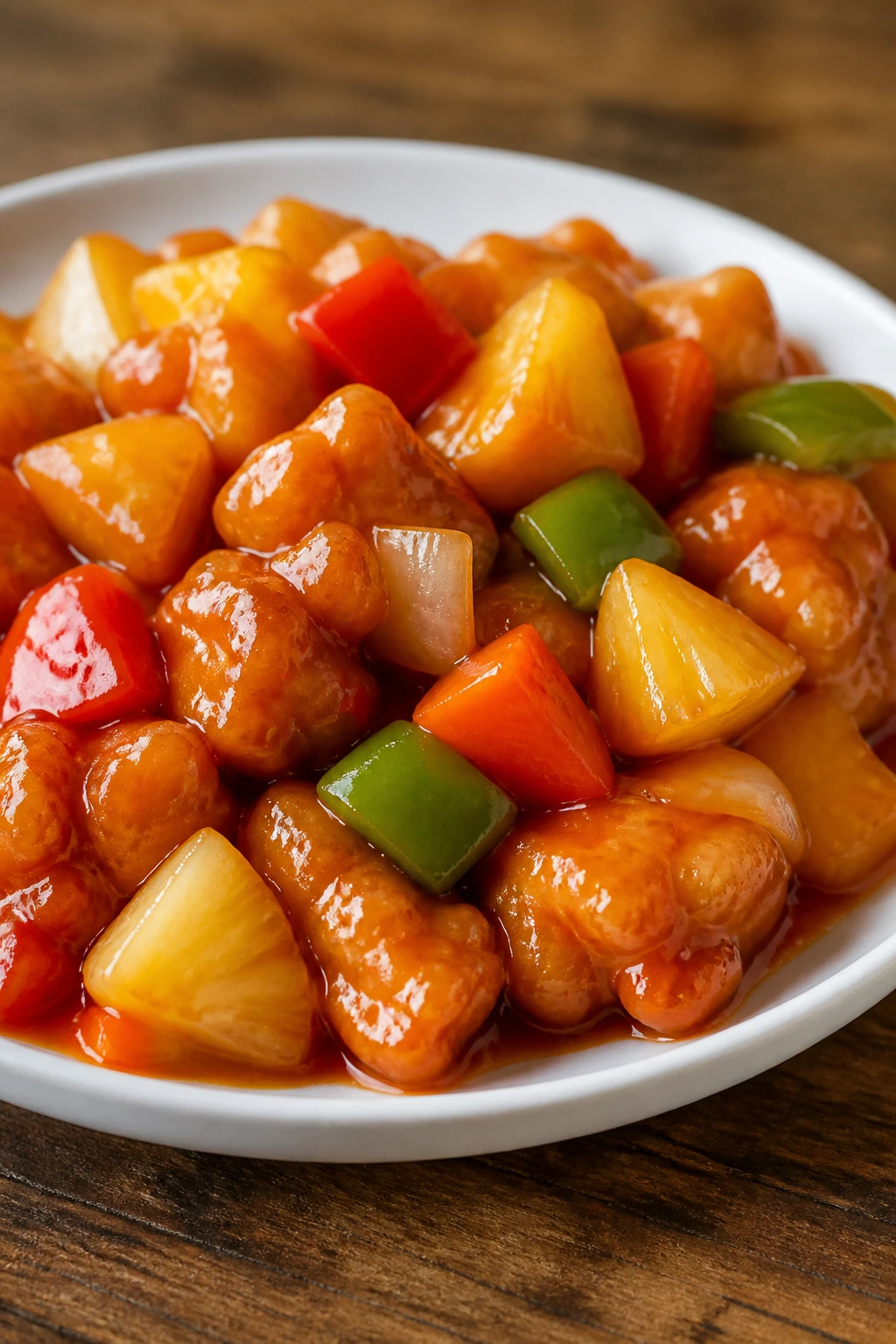 Close-up of sweet and sour chicken with pineapple and peppers