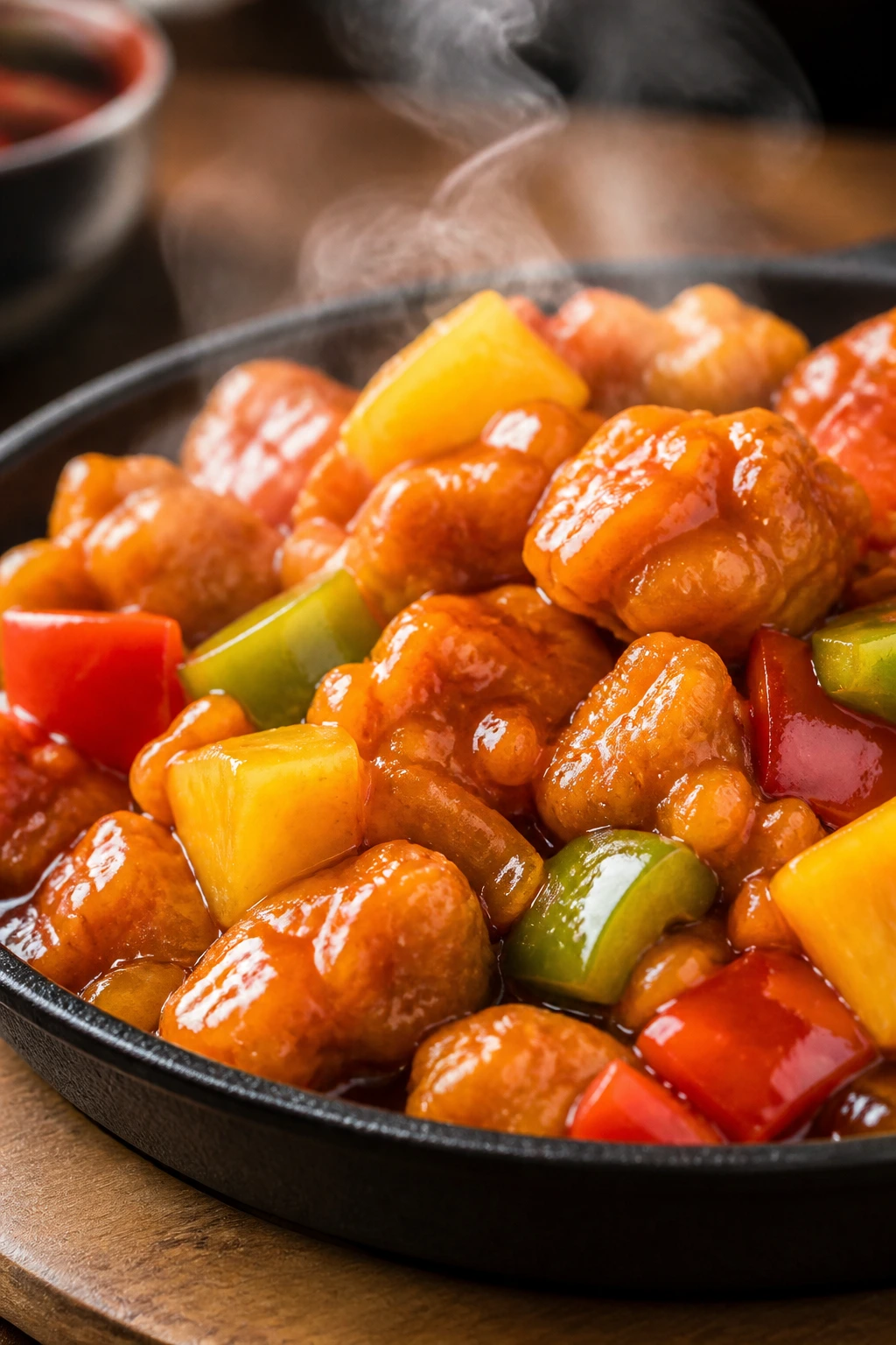 Sizzling sweet and sour chicken on a hot plate with glossy glaze
