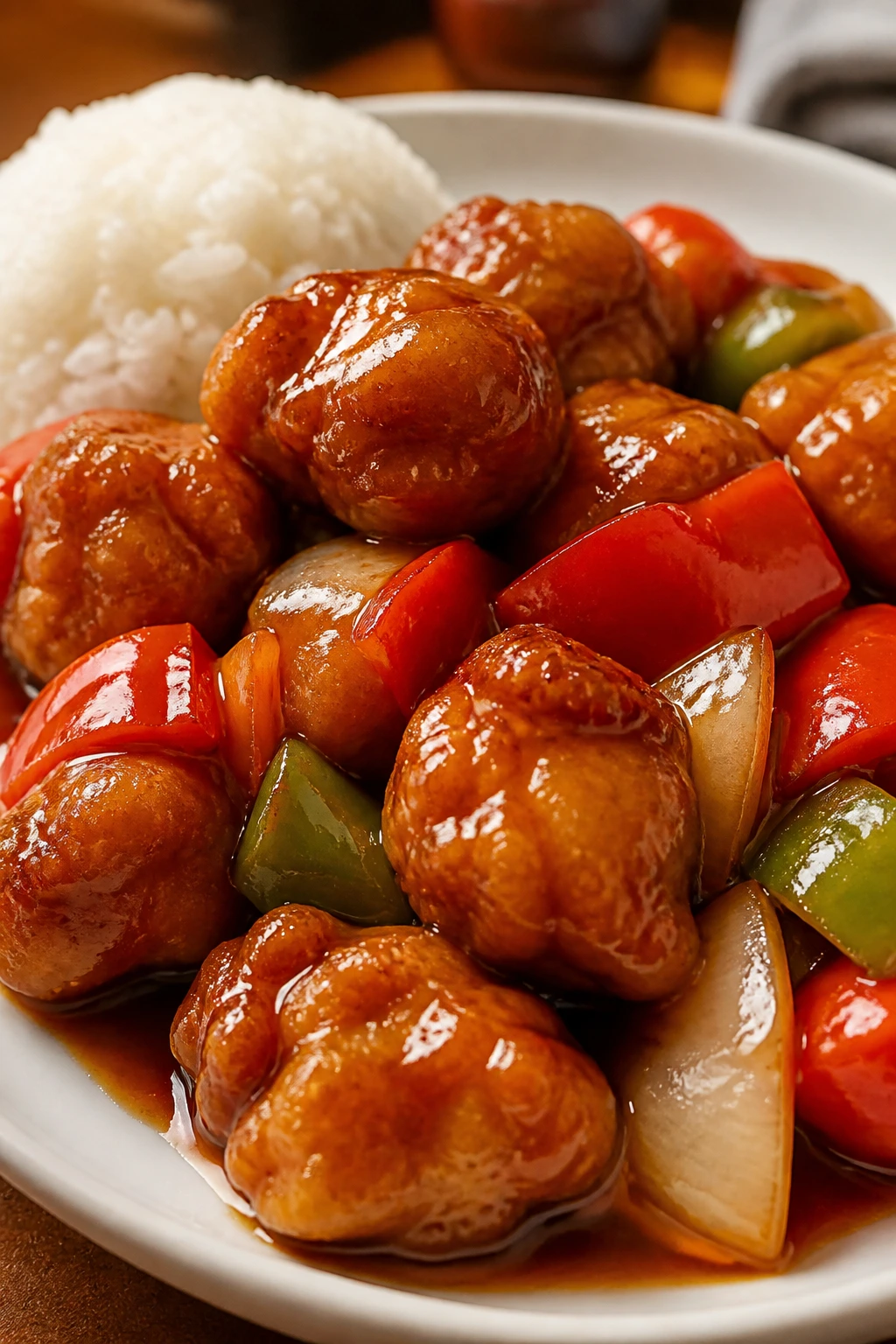 Close-up of glossy sweet-and-sour chicken with peppers and rice in a warm kitchen