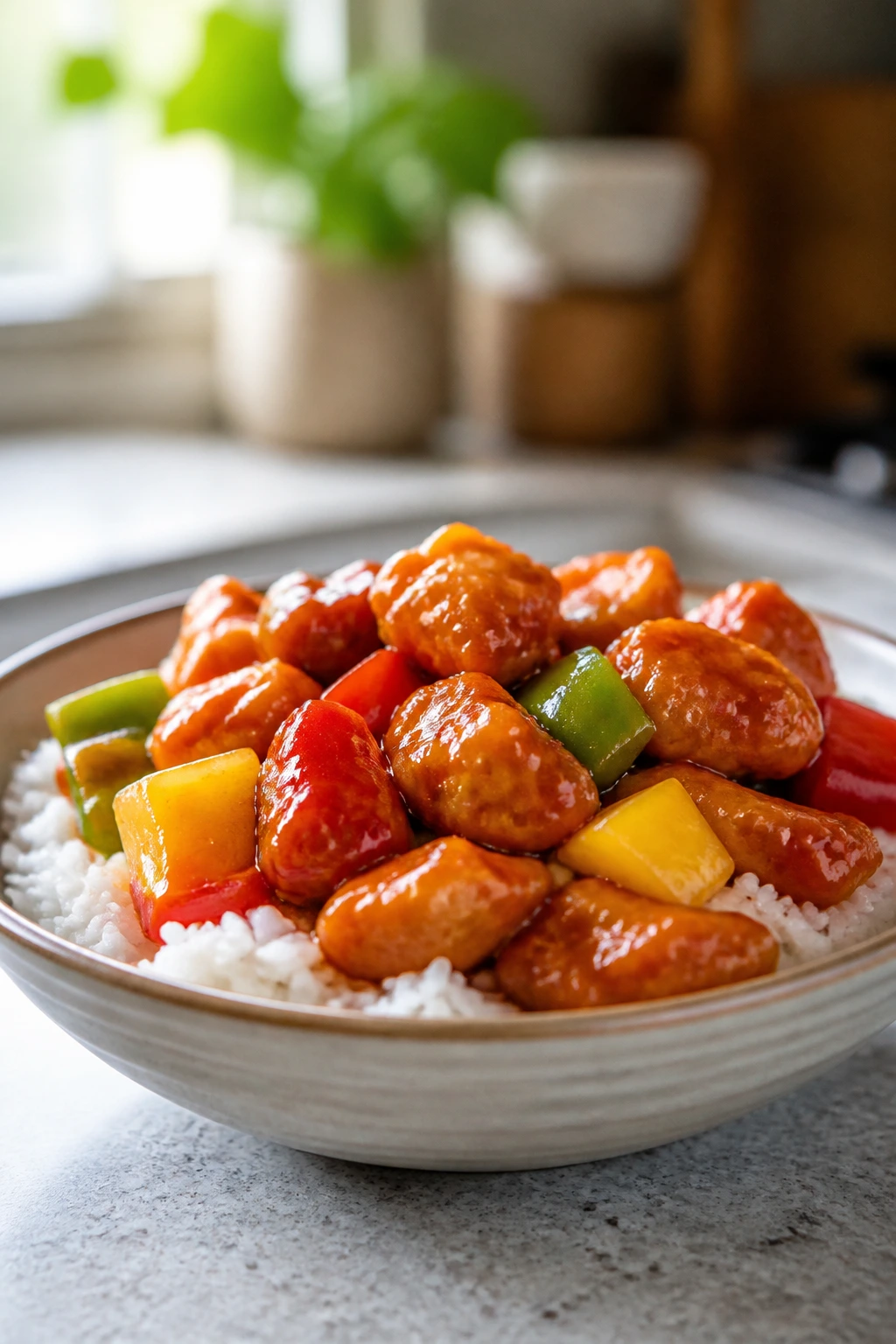 Sweet and sour chicken plated over jasmine rice with peppers