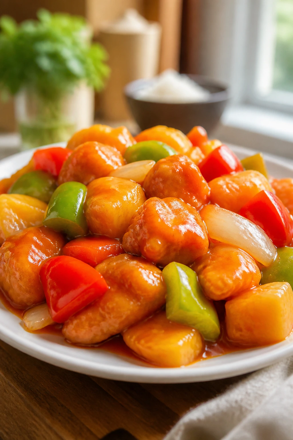Plate of sweet-and-sour chicken with peppers and pineapple