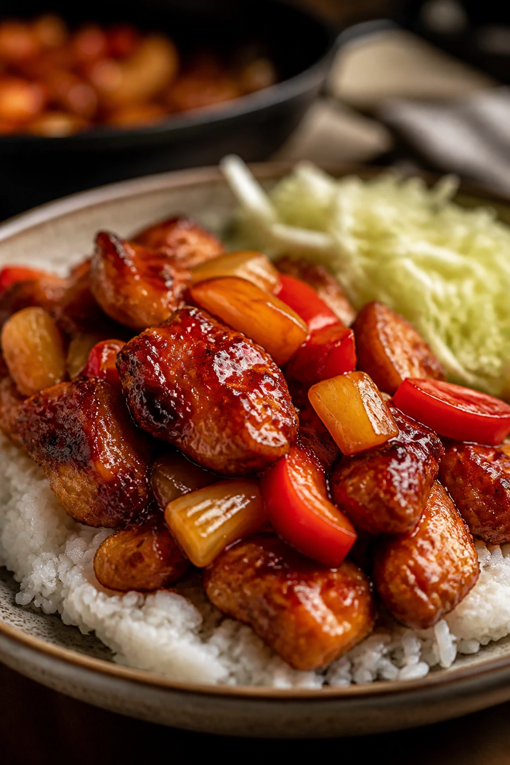 Plate of sweet and sour chicken over rice with crisp edges, steam