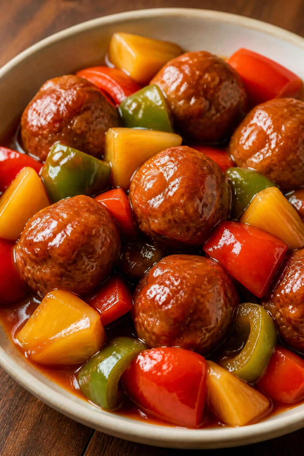 Close-up of sweet and sour meatballs in sauce with pineapple