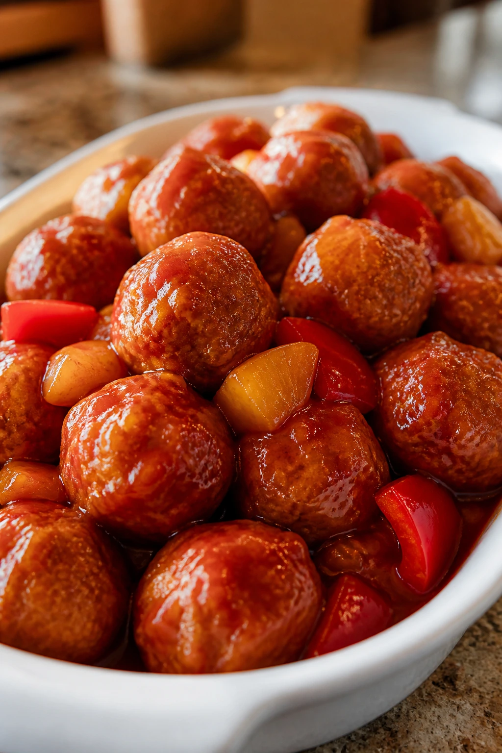 Glossy sweet-and-sour chicken meatballs with peppers
