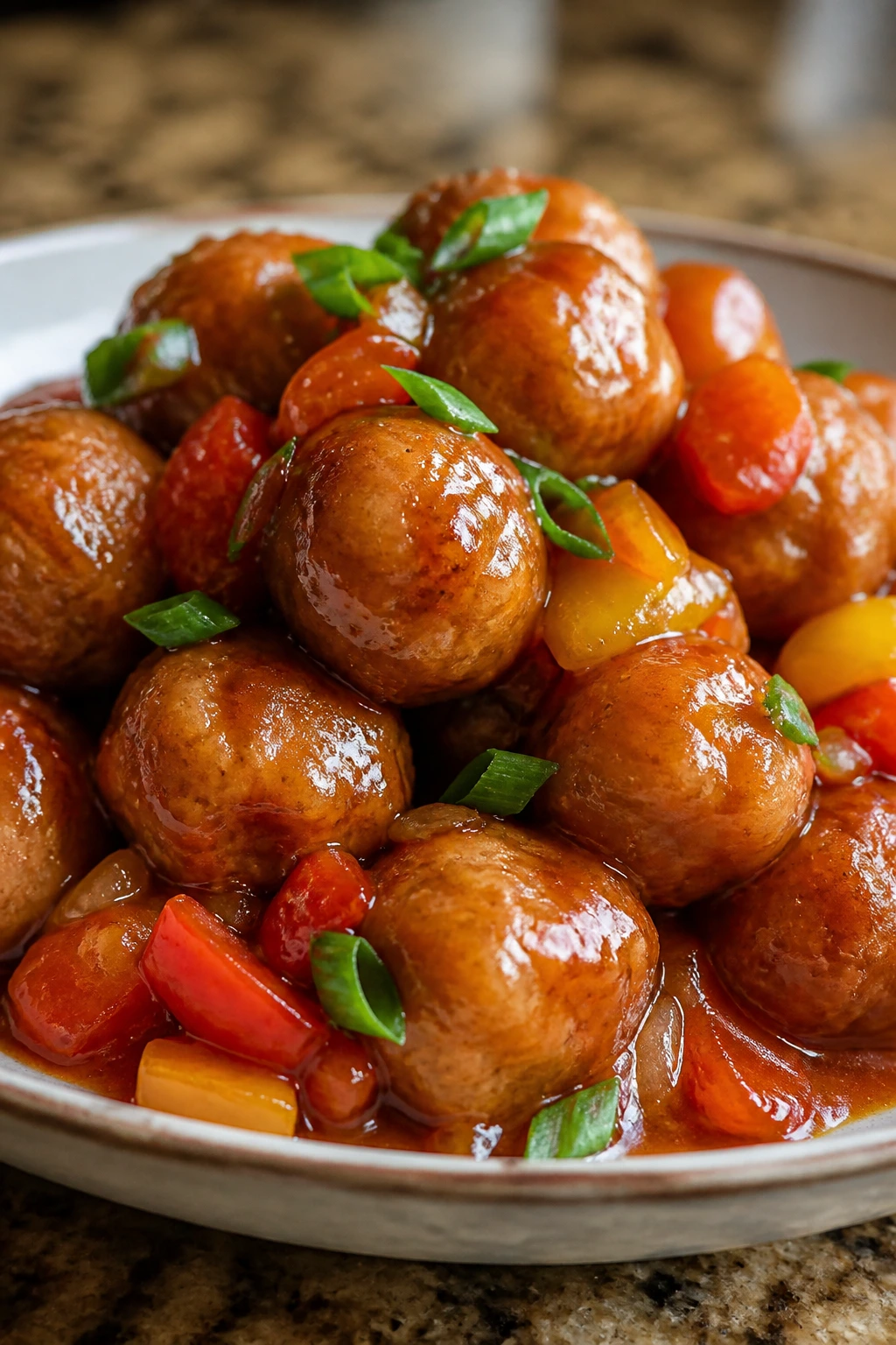 Sweet and sour chicken meatballs in glossy glaze on plate