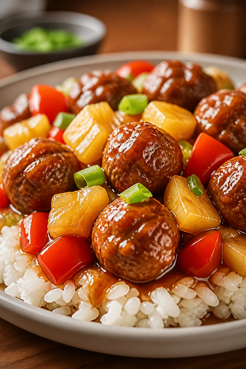 Close-up of sweet and sour meatballs over rice with pineapple and peppers