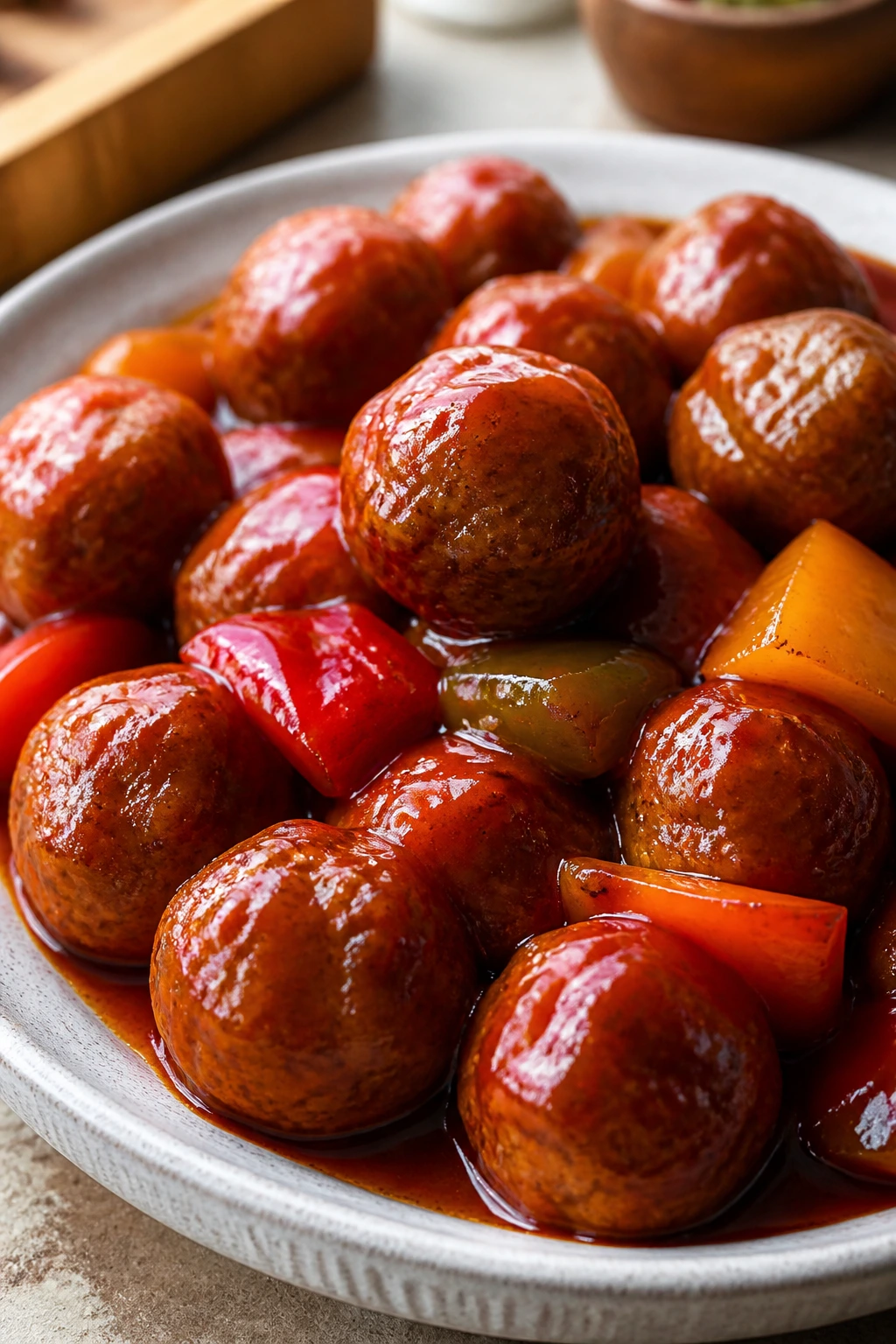 Close-up of sweet and sour meatballs in glossy glaze