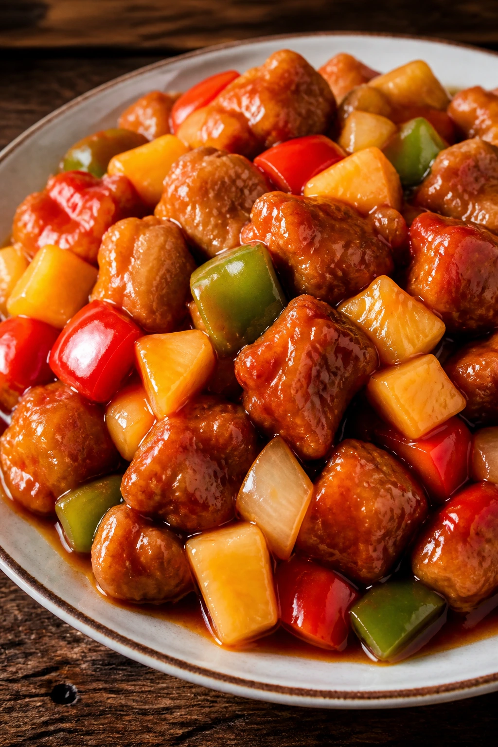 Sweet and sour pork with pineapple on plate