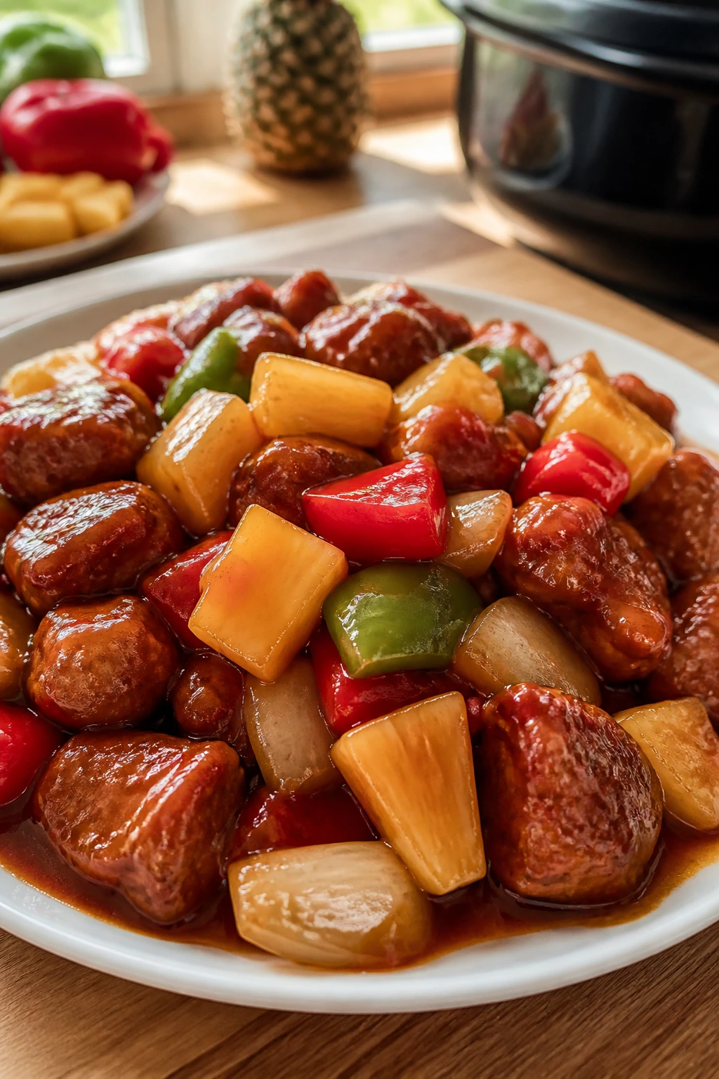Close-up of Sweet and Sour Pork with pineapple and peppers on a plate