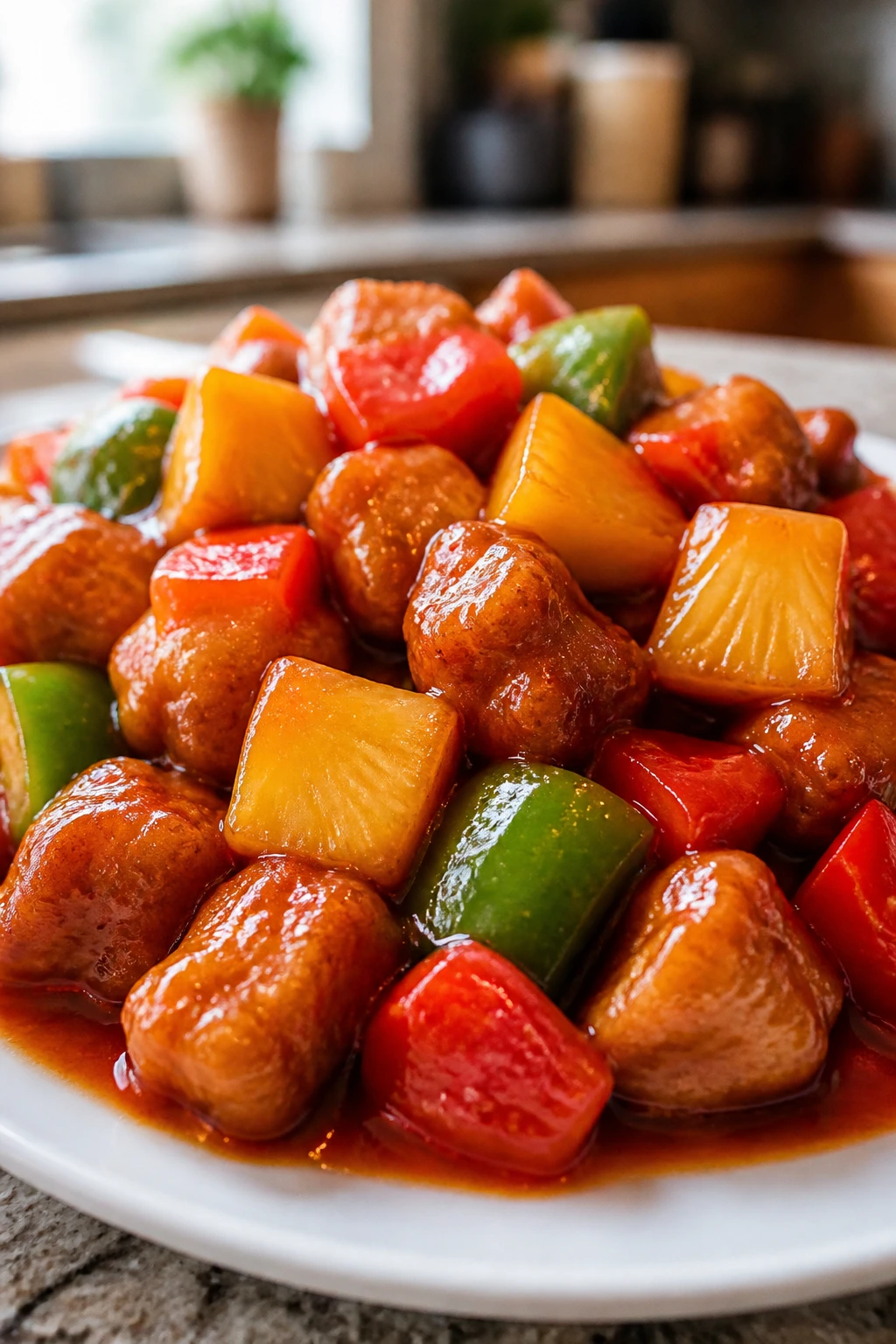 Sweet and sour pork with pineapple and peppers on plate in glossy sauce