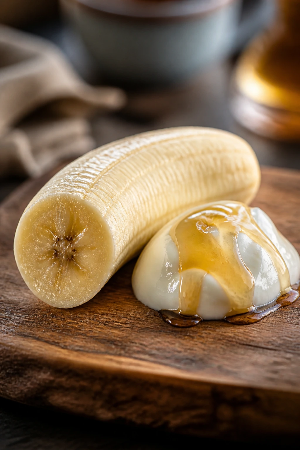 Close-up of banana half with yogurt and honey on a warm kitchen board