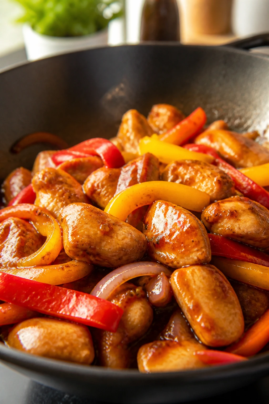 Close-up of sweet chili chicken with bell peppers stir fry