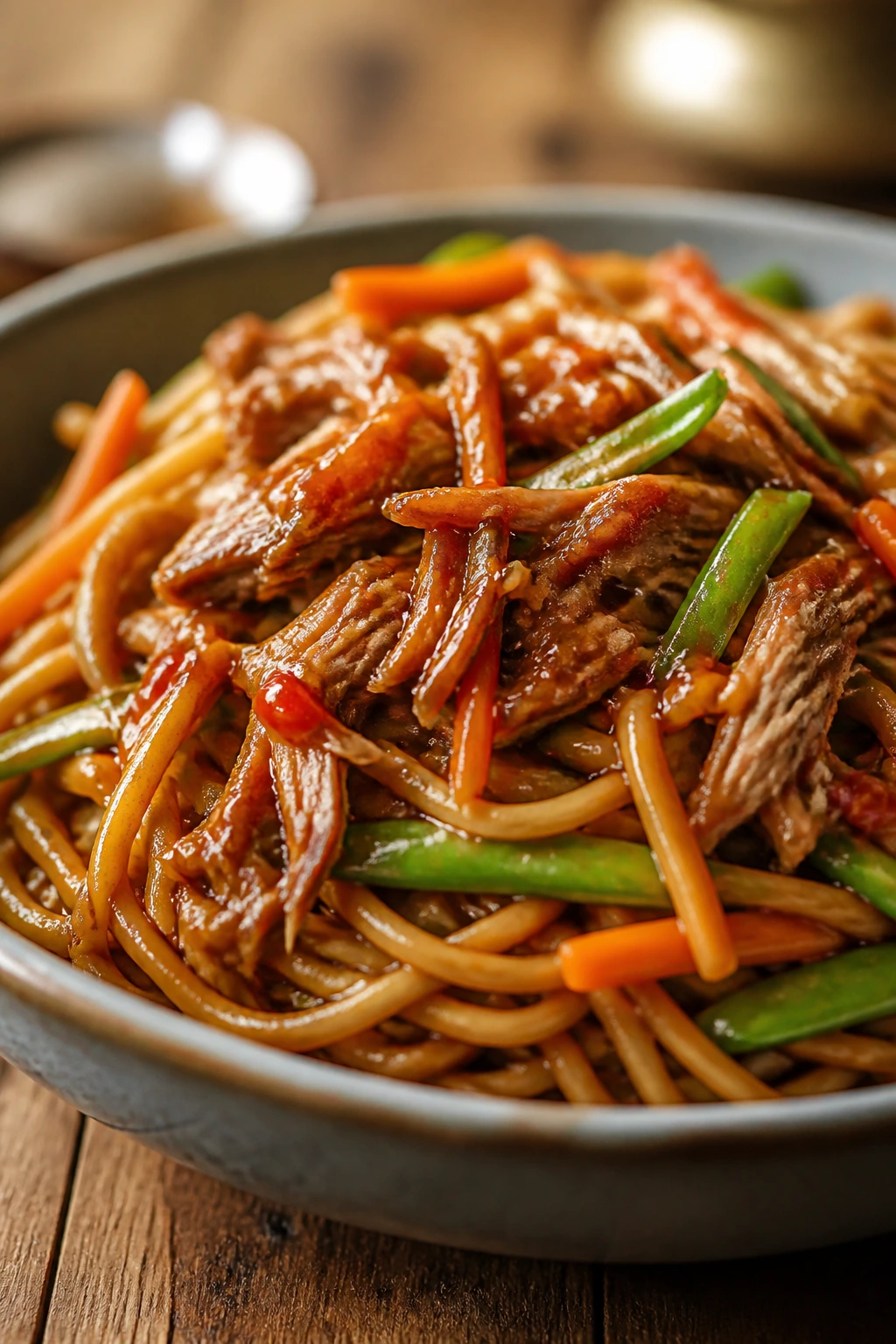 Close-up of glossy Sweet Chili Pork Lo Mein with pork, carrots, and snap peas in a rustic bowl.