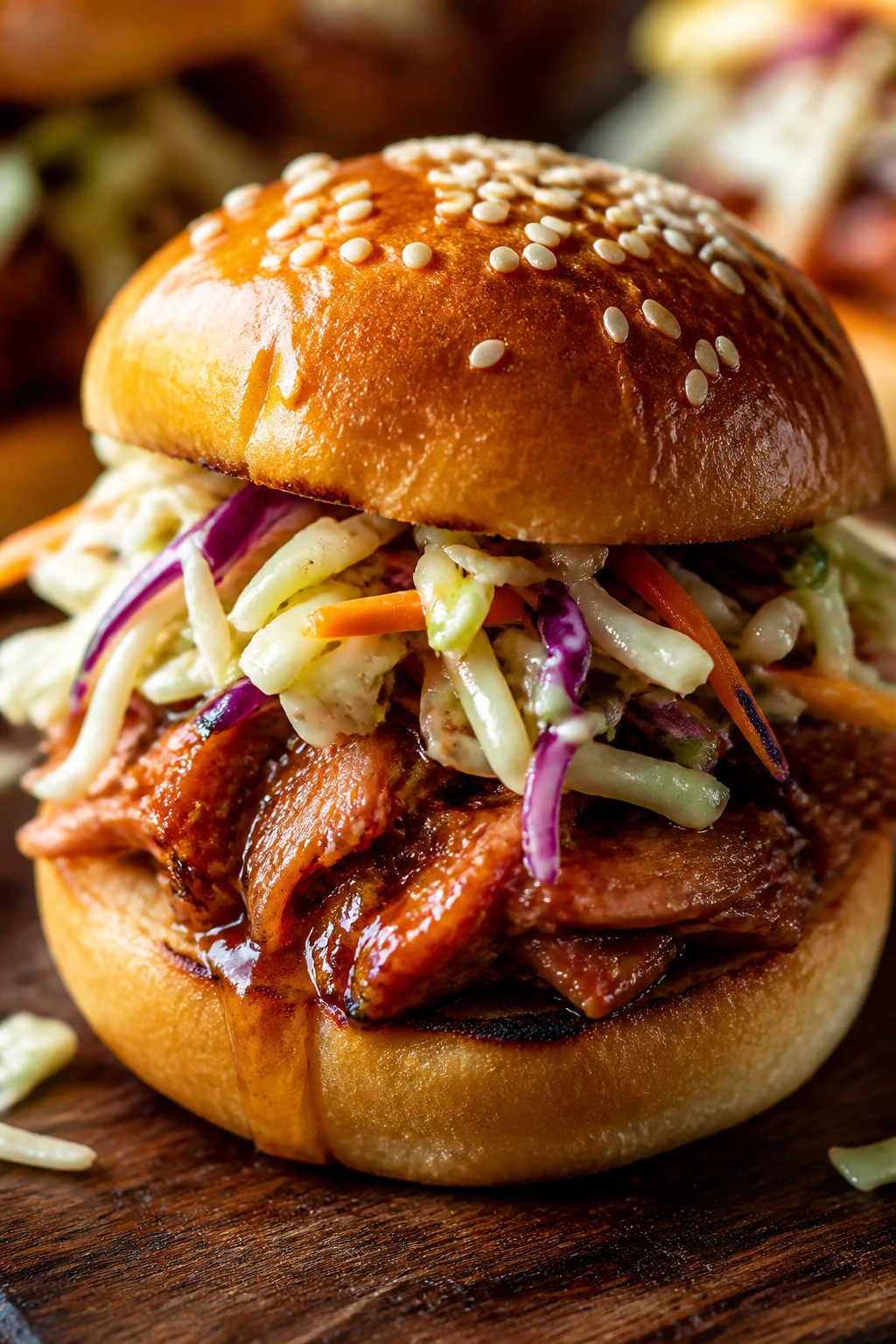 Close-up of sweet chili pork slider with cabbage topping