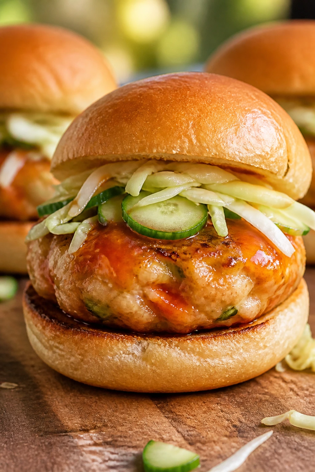 Salmon slider with sweet chili glaze on a toasted bun and crunchy topping