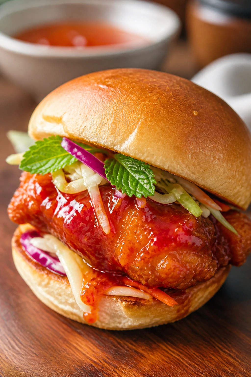 Close-up of sweet chili chicken slider with glaze and cabbage on a wooden board.