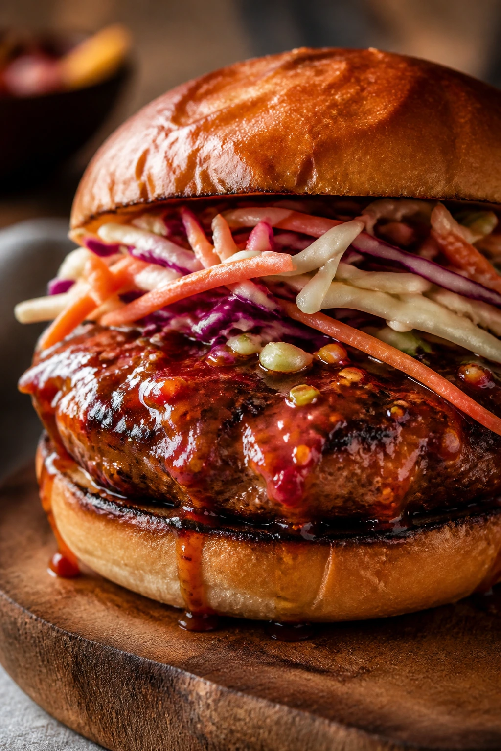 Close-up Sweet Chili Sriracha Burger with glossy glaze and slaw