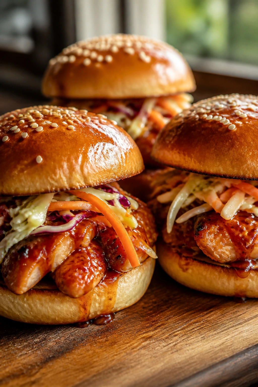 Close-up of Sweet Chili Teriyaki Chicken Sliders with crunchy slaw on toasted buns