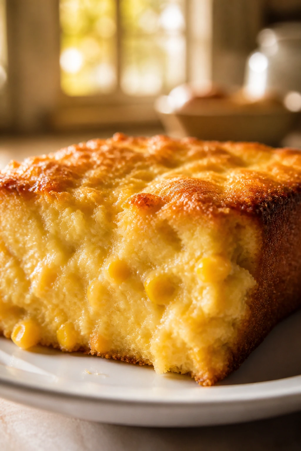 Close-up of browned-edge sweet corn pudding square on plate with warm kitchen light
