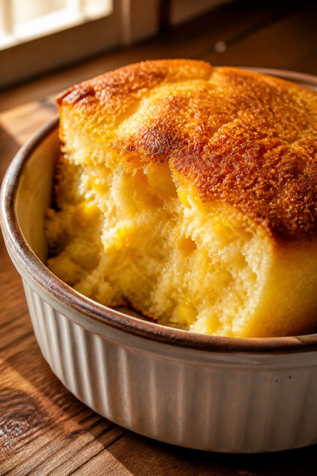 Golden spoon bread square with creamy interior in a ramekin