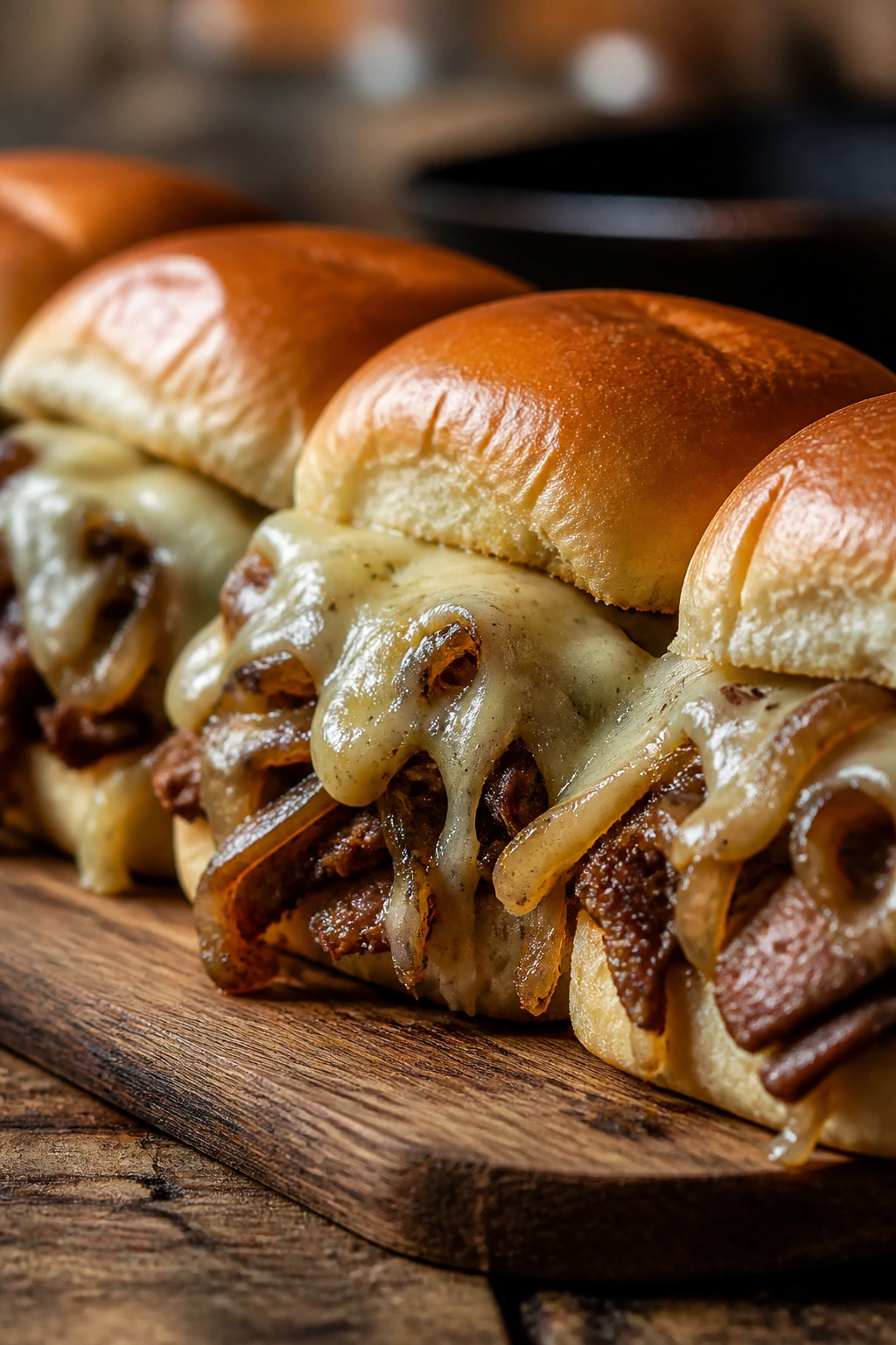 Close-up of Sweet Onion Gruyère Sliders with melted Gruyère and caramelized onions on a wooden board