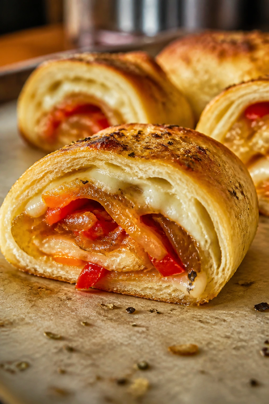 Cross-section of sweet pepper and onion roll with caramelized vegetables