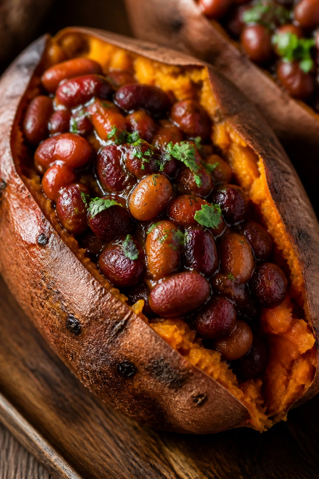 Halved BBQ sweet potato with bean filling