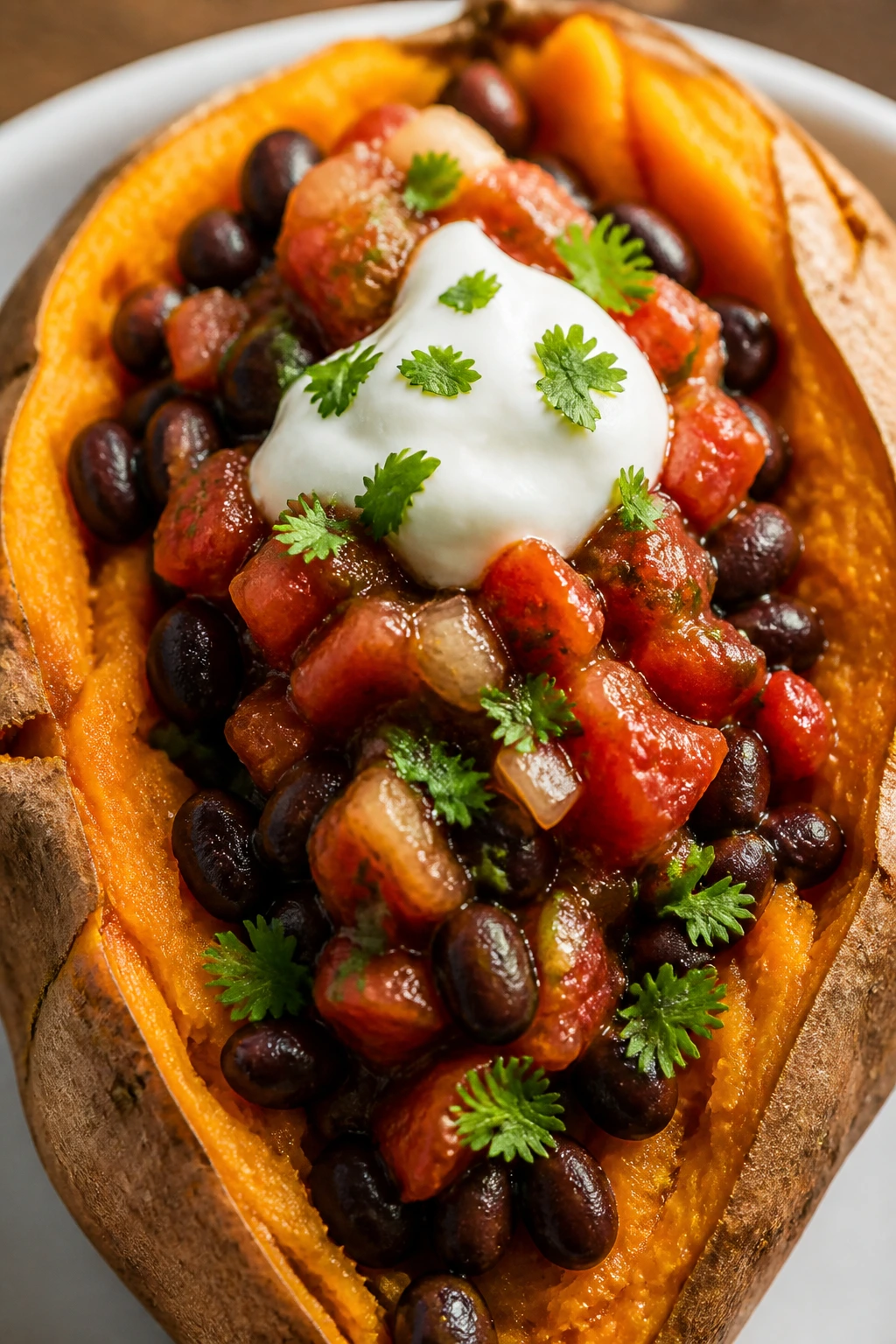 Split-open sweet potato with black beans and salsa