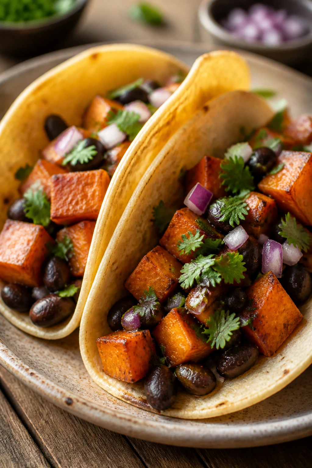 Two tacos filled with sweet potato and black beans on a wooden table