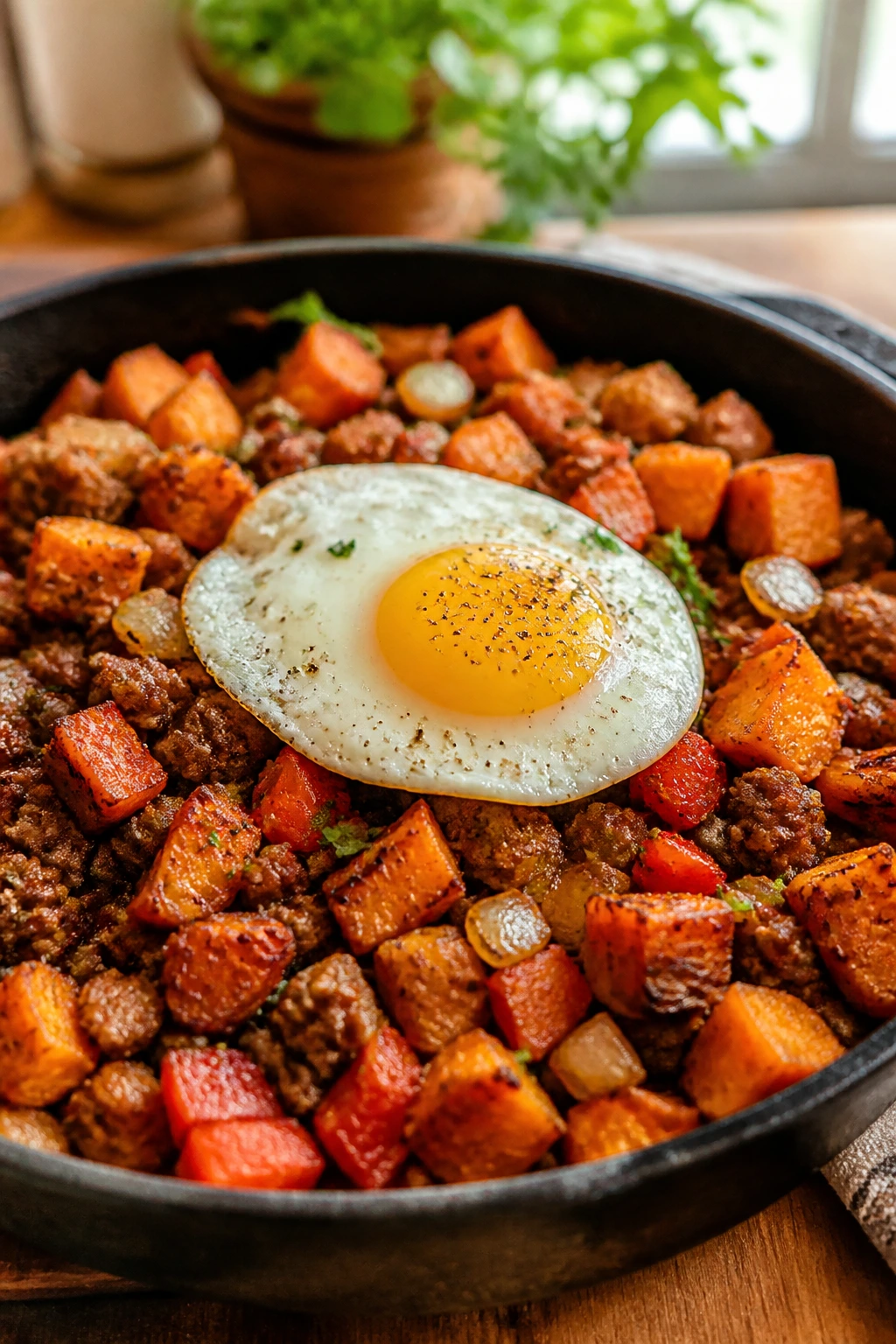 Sweet potato beef hash with egg in skillet