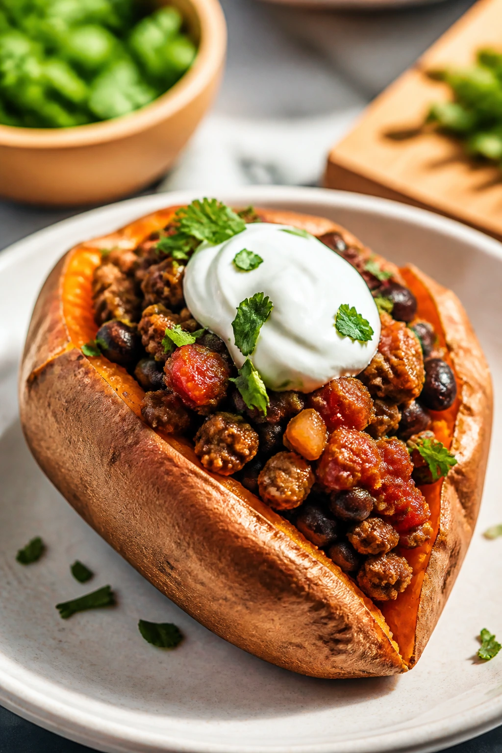 Close-up of stuffed sweet potato with beef, beans, salsa, and yogurt