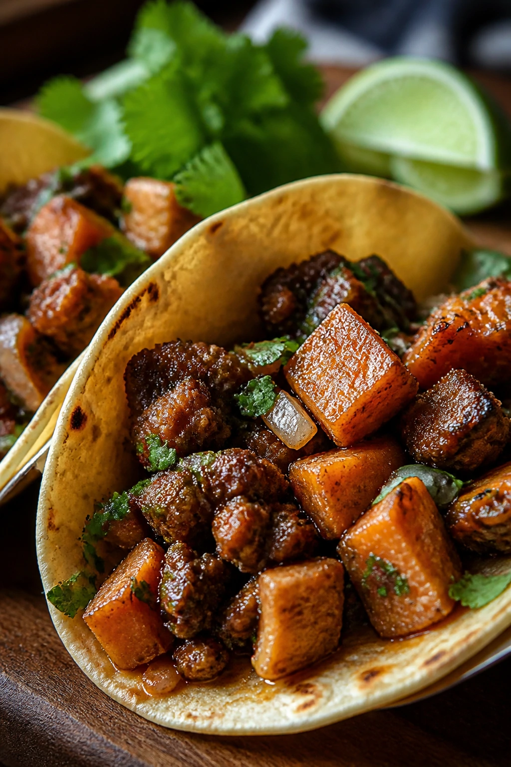 Sweet potato and beef taco filled tortilla with cilantro