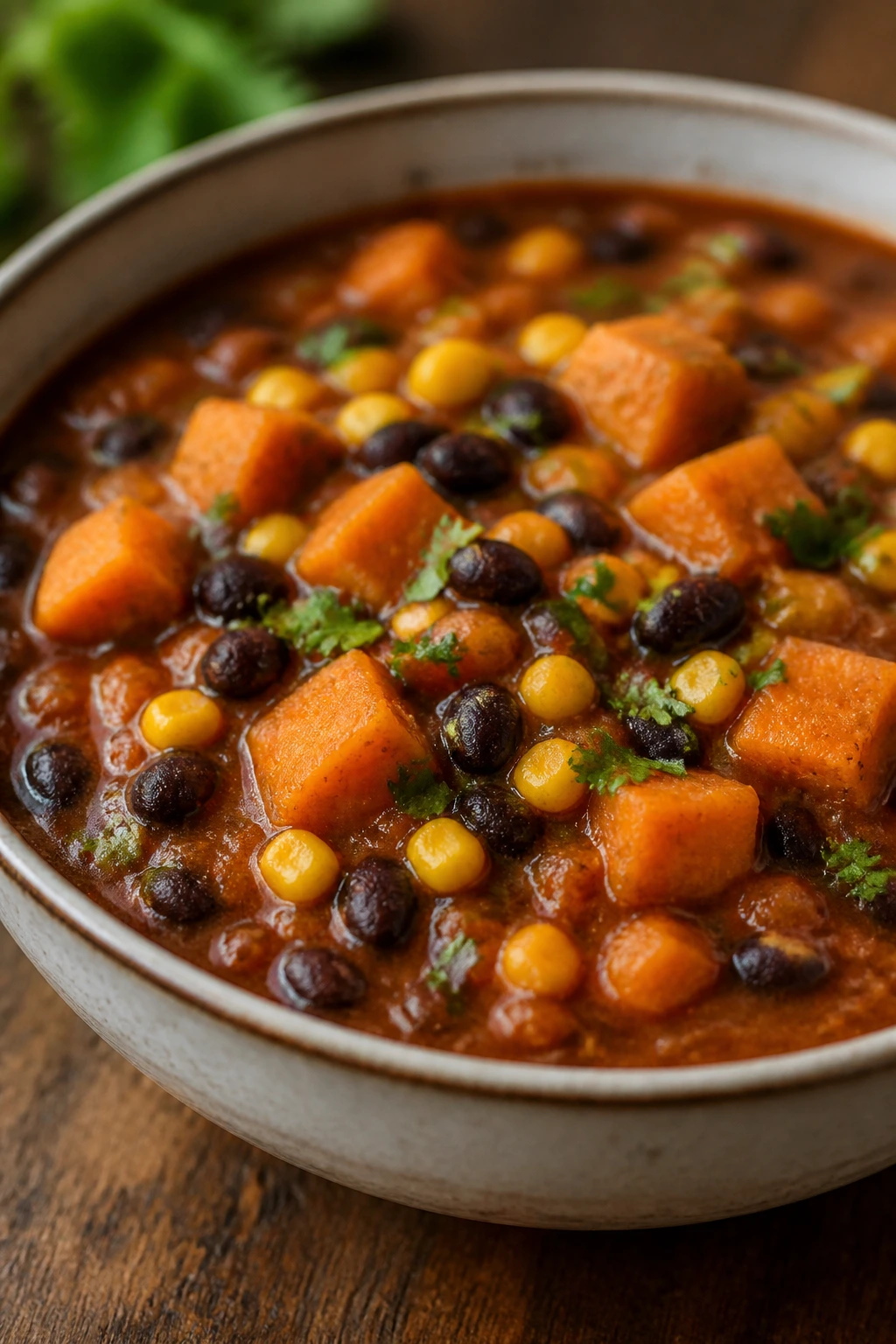 Close-up of colorful sweet potato, black bean, and corn stew in a bowl