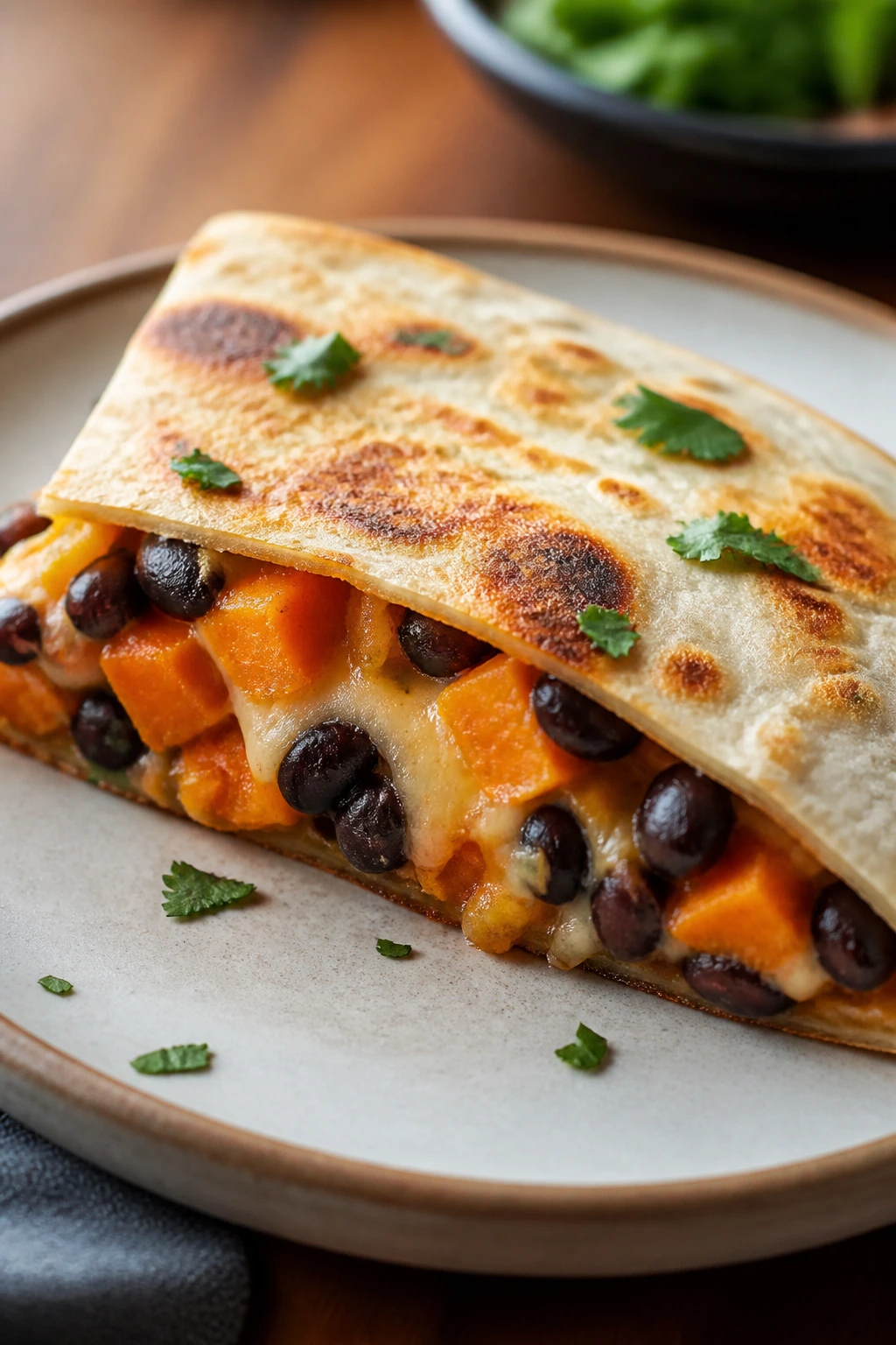 Close-up of a crisp sweet potato and black bean quesadilla on a plate
