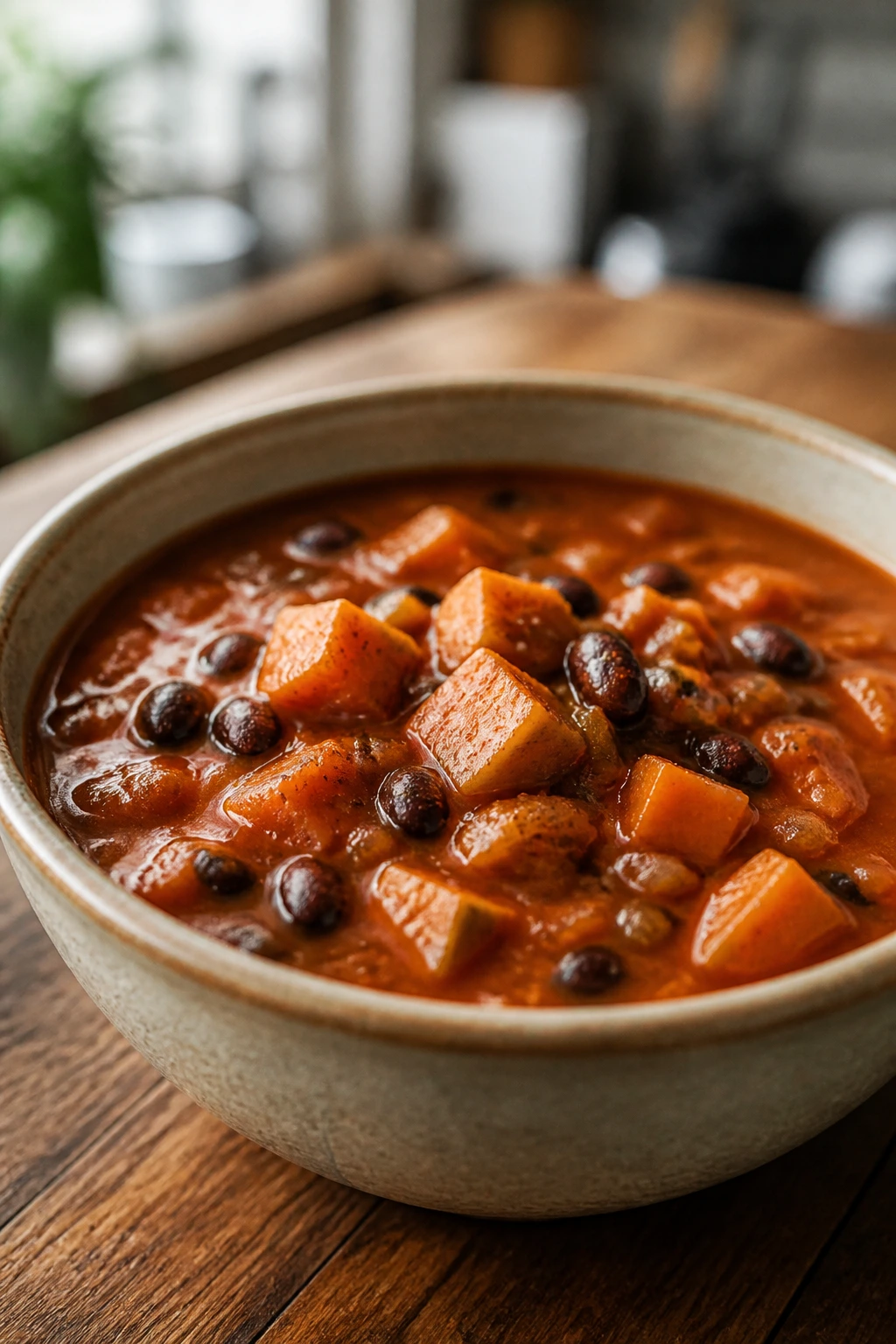 Close-up of sweet potato black bean soup in a ceramic bowl