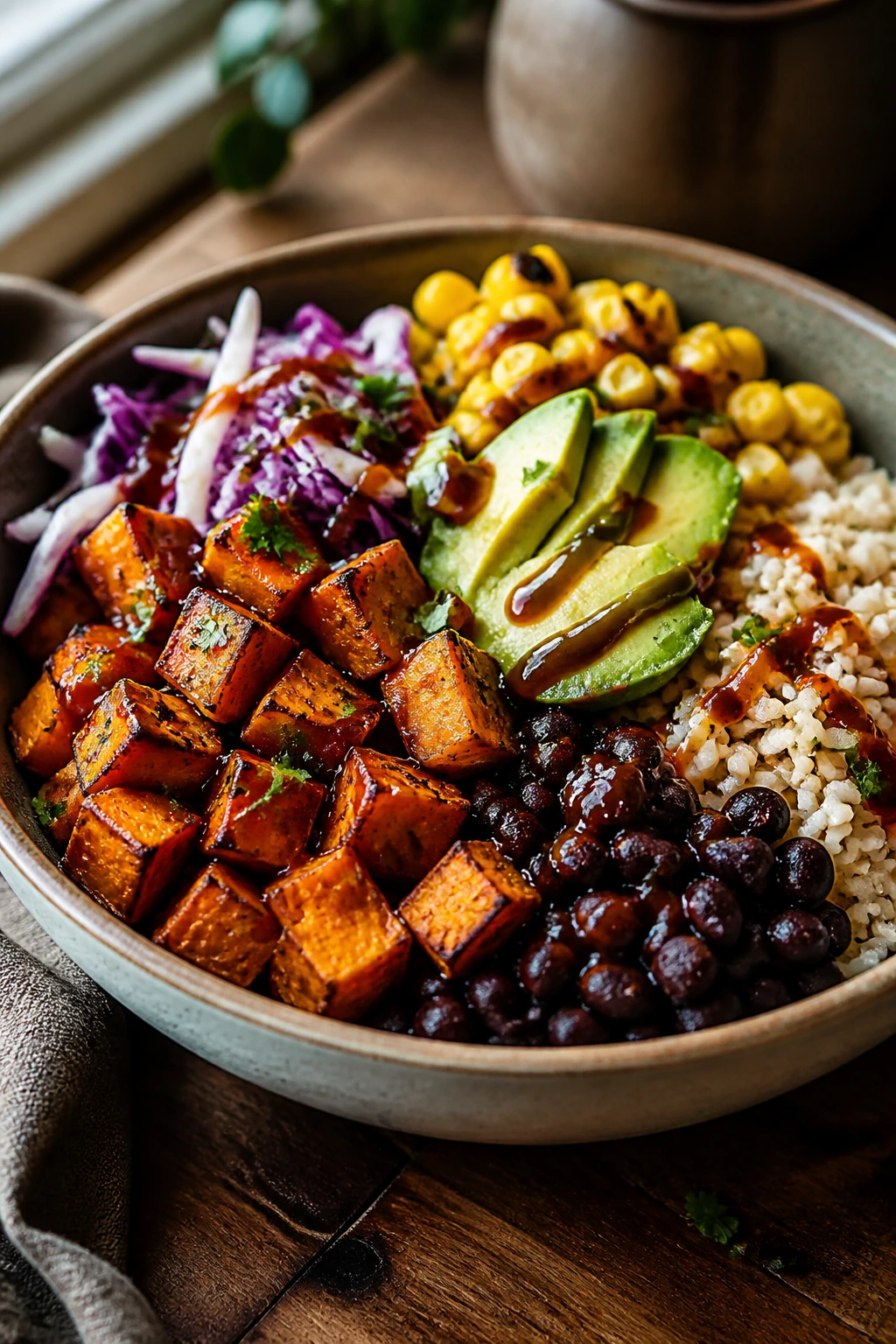 Close-up of a vibrant sweet potato and black bean BBQ bowl with avocado on a rustic table
