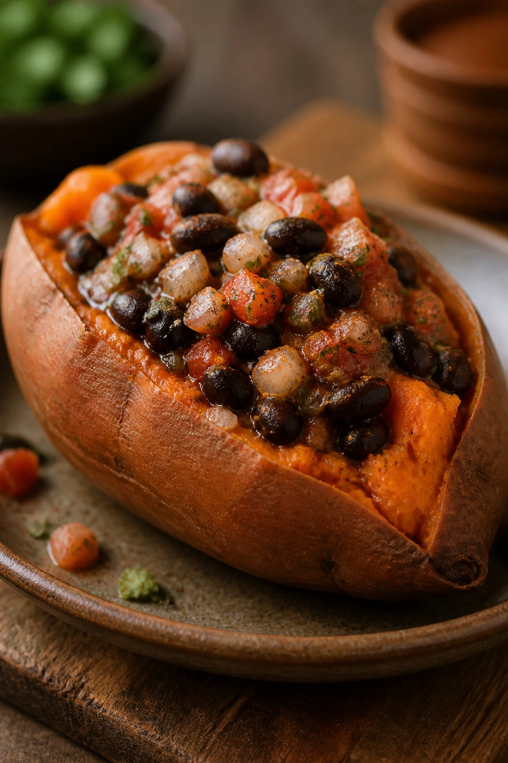 Halved stuffed sweet potato with black beans filling on a rustic plate