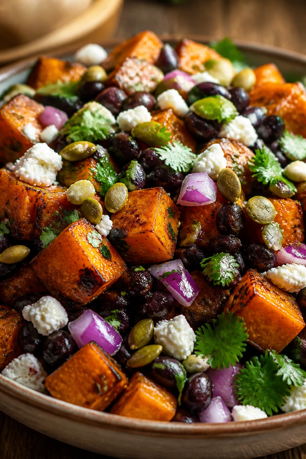 Close-up of Roasted Sweet Potato Black Bean Salad with feta and pepitas on a rustic table